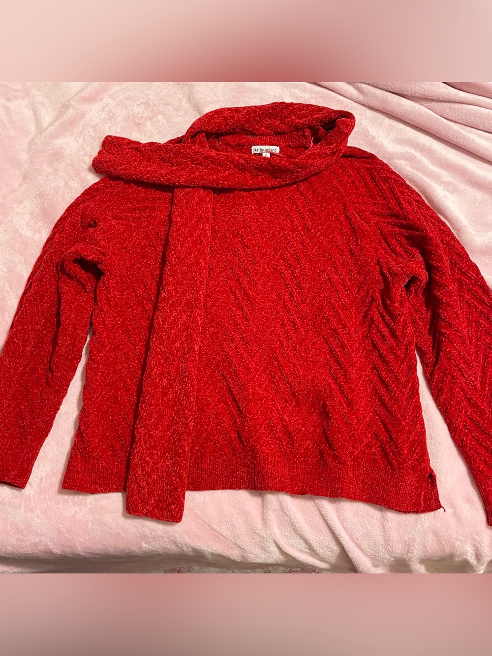 Women’s Red Chenille Cable Knit Sweater with Scarf Size XL